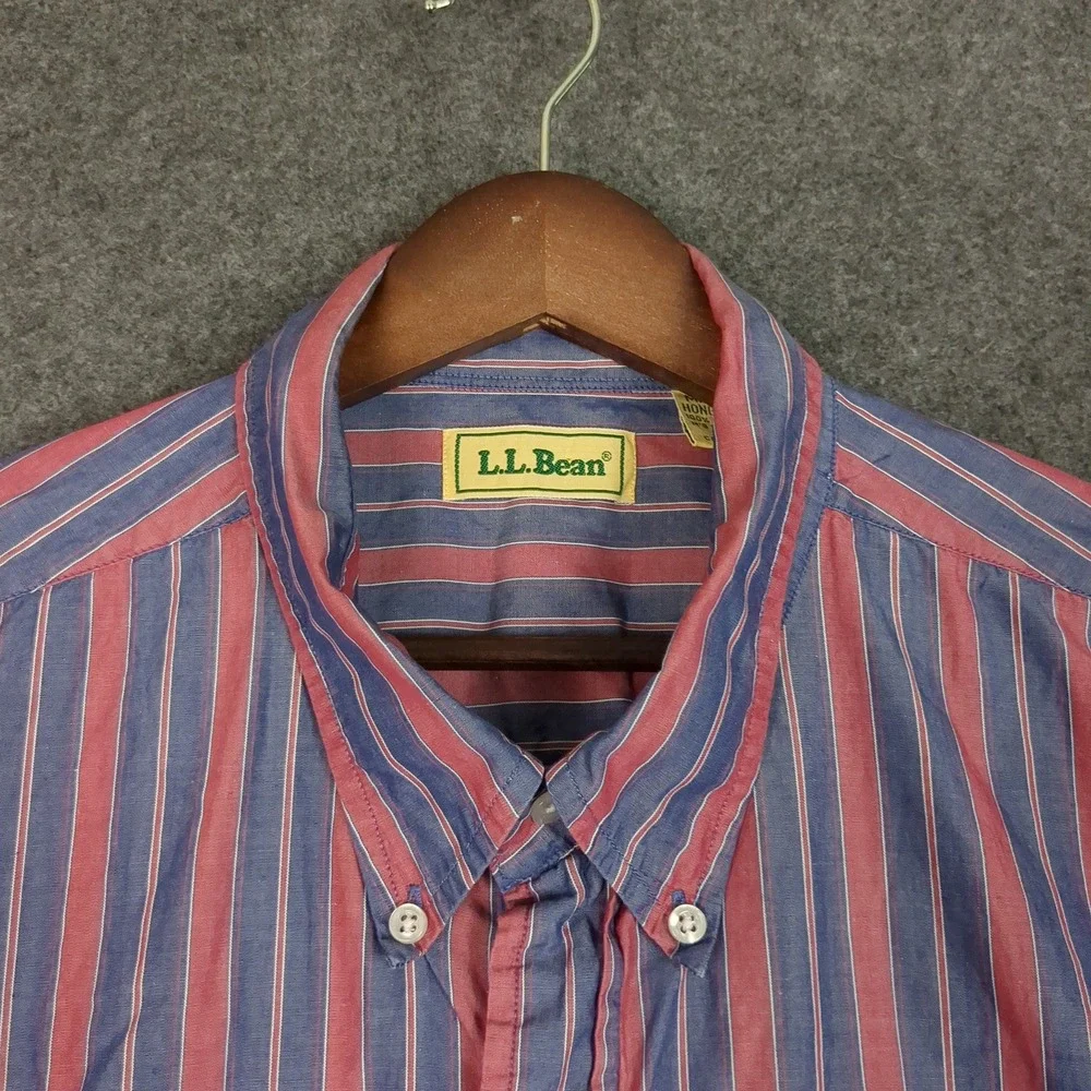 LL Bean Mens XXL Button Down Shirt Blue Red Striped Long Sleeve Regular Ext